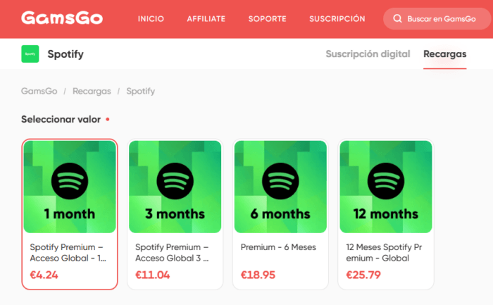 Captura del marketplace de GamsGo con ofertas de recarga de Spotify Premium para 1, 3, 6 y 12 meses.