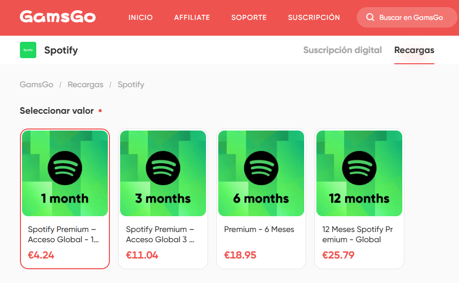 Captura del marketplace de GamsGo con ofertas de recarga de Spotify Premium para 1, 3, 6 y 12 meses.